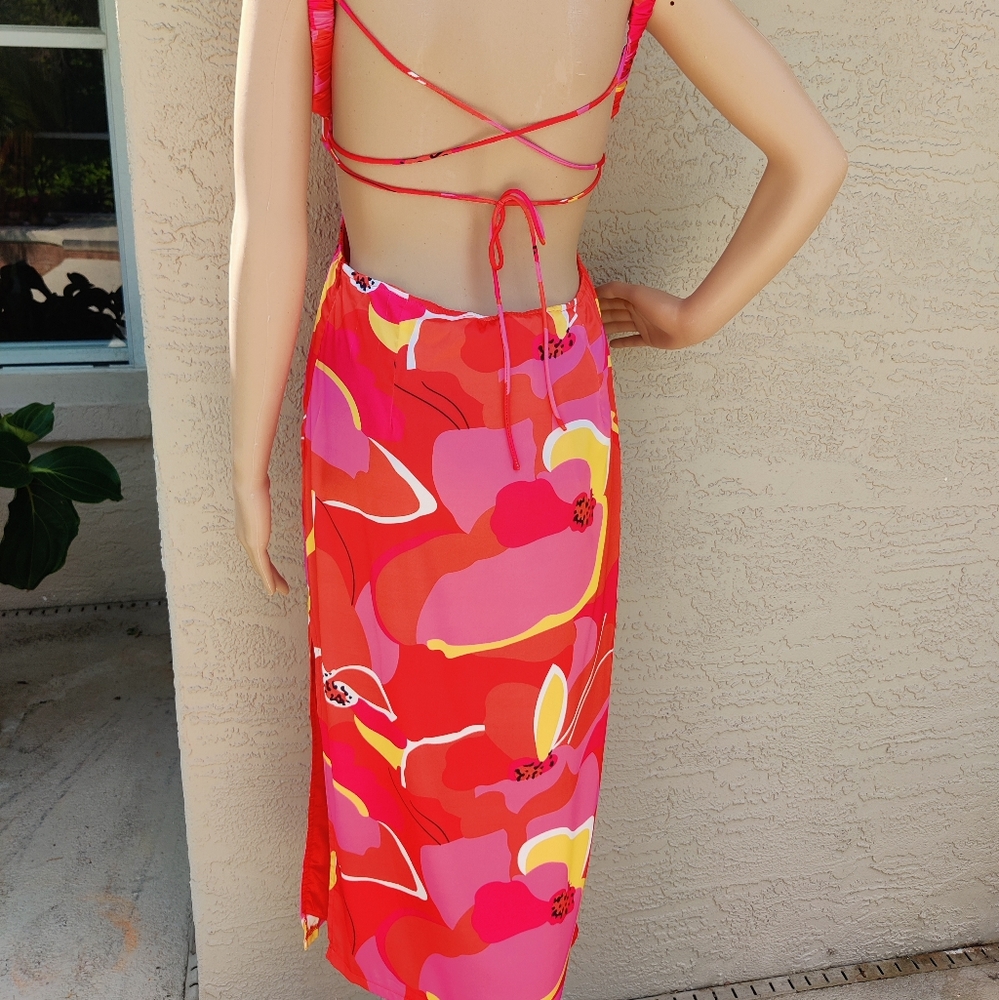 Vibrant Backless Dress - Pink and Red Floral